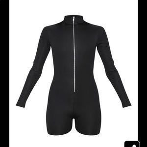 Pretty Little Thing (PLT) Black Ribbed Zip Up Bodysuit/Romper